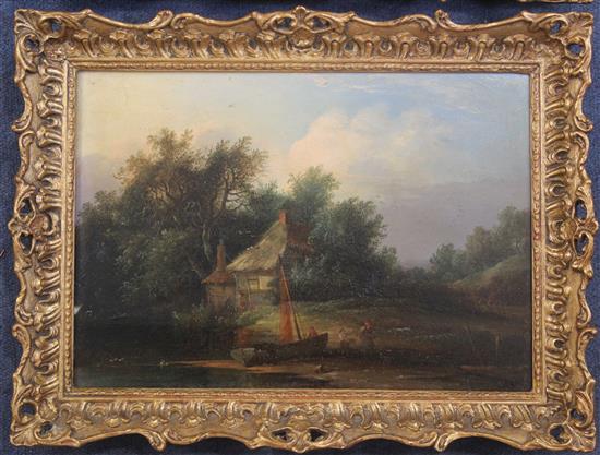 19th Century English School River landscapes with boatmen and anglers, 10 x 14in.